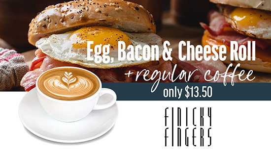 Egg, Bacon & Cheese roll + regular coffee only $13.50 - Finicky Fingers